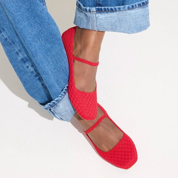 Rothys Mary Jane Ballet Flats Red The Max Square Crisp Basketweave - Picture 1 of 16